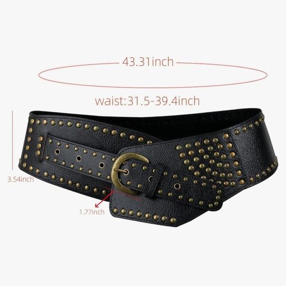 Black Wide Studded Leather Belt Waist Cinch Belt with Antique Gold Buckle - Picture 7 of 9